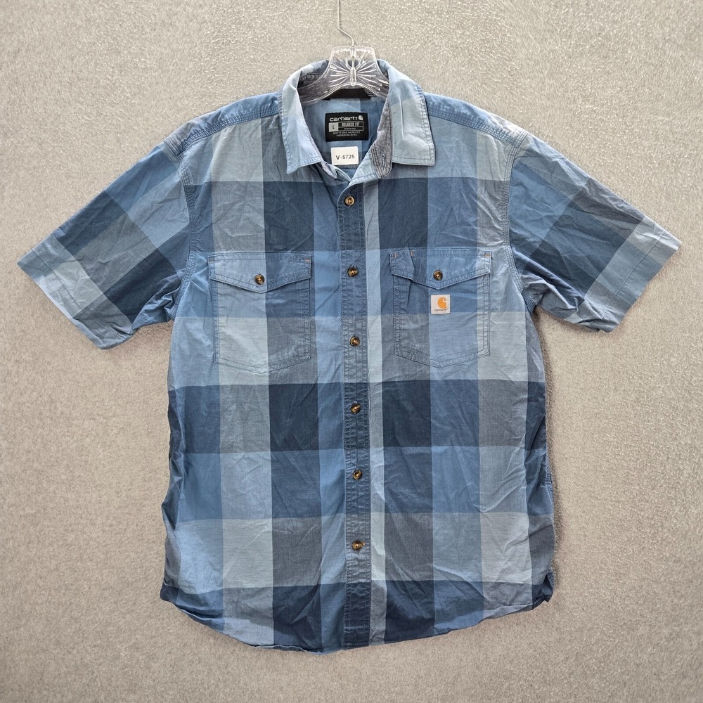 Carhartt Men Button Up Shirt Large Blue Buffalo Check Relaxed Fit Pocket Collar